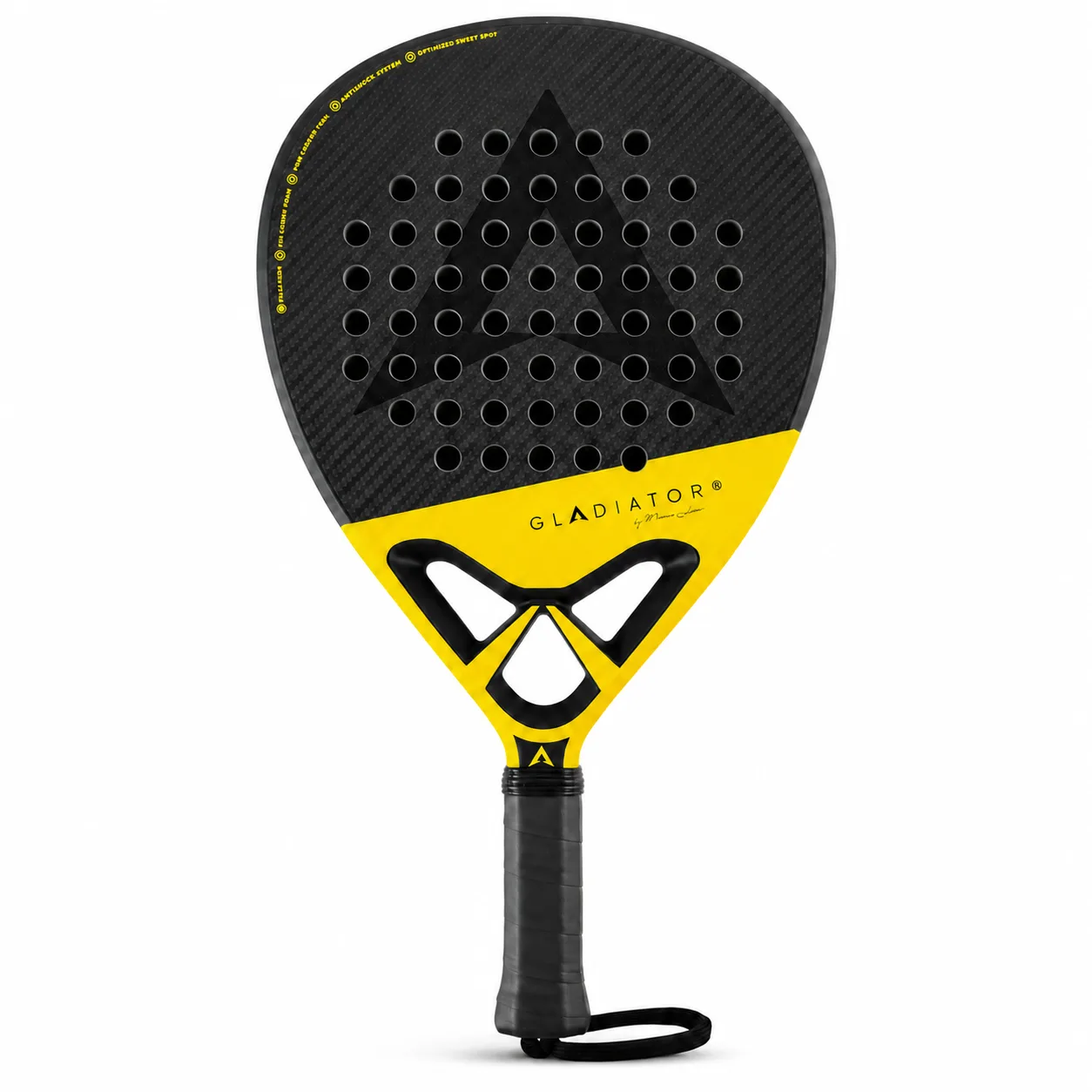 Pala Auro Gladiator de frente: superficie de carbono negra y puente amarillo