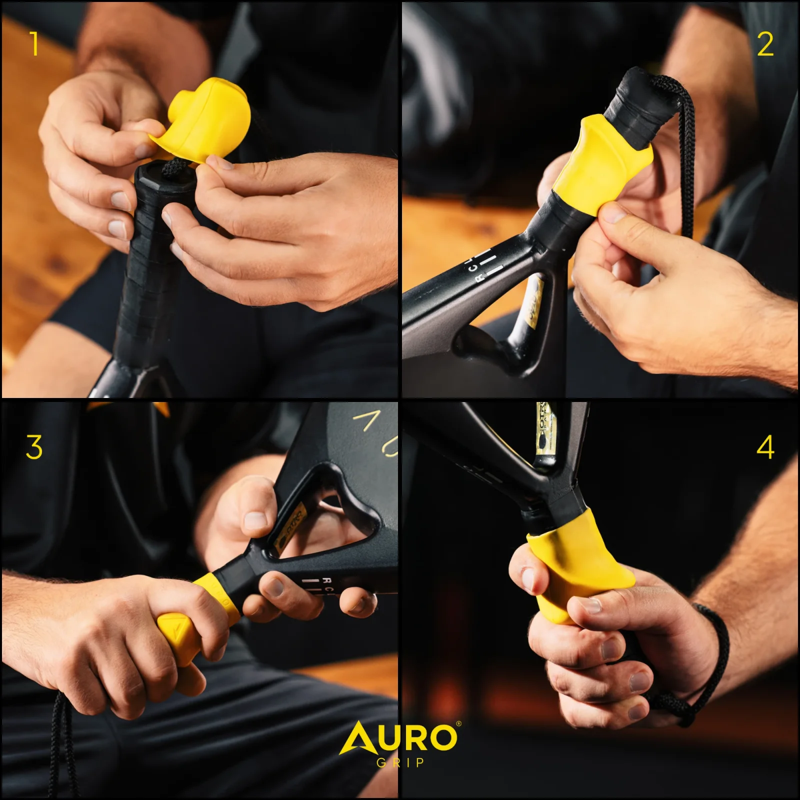Montaje del Auro Grip en cuatro pasos: entra por el tope del mango, se empuja sobre el overgrip y la mano se cierra alrededor