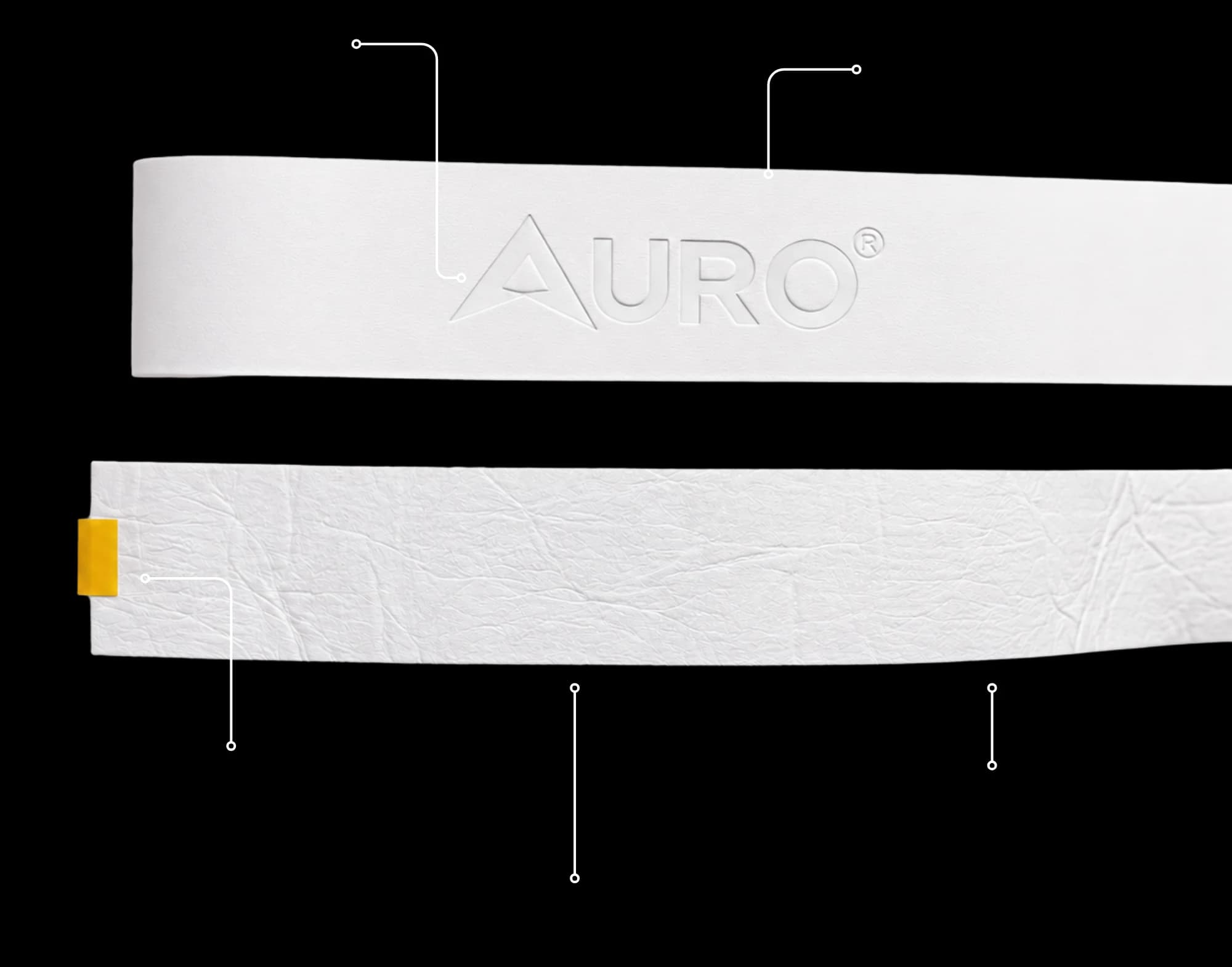 The Auro Overgrip from both sides: the face with the raised AURO mark and the back with its double plastic tape.